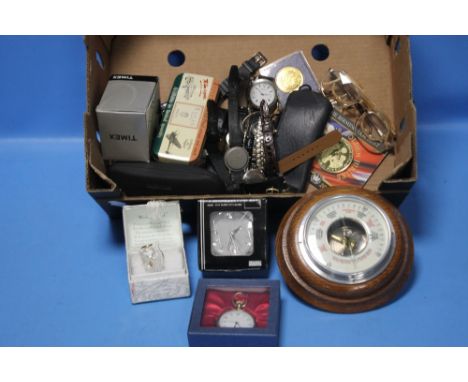 A QUANTITY OF WRISTWATCHES, A BAROMETER, SPECTACLES ETC.