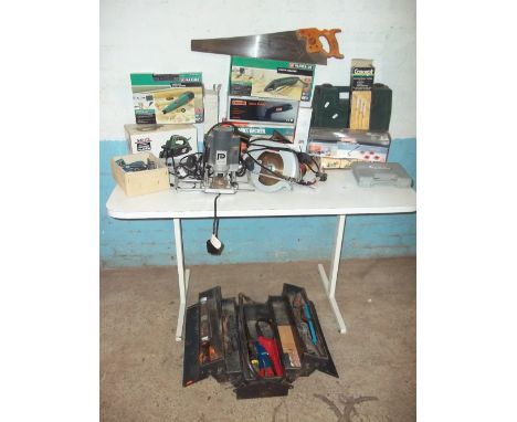 A SELECTION OF BOXED POWER TOOLS WITH A TOOL BOX ALONG WITH CONTENTS ETC