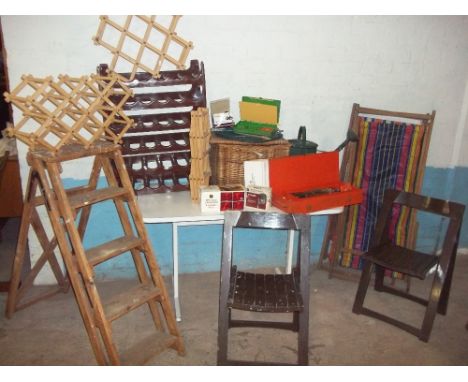 A SELECTION OF WINE BOTTLE RACKS, FOLDING CHAIRS, FISHING BOX CONTENTS, TOOL BOX AND CONTENTS