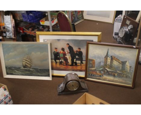 JACK VETTRIANO PRINT 90 X 68 CM INCLUDING FRAME, AN OIL ON CANVAS AND ANOTHER PICTURE TOGETHER WITH A MANTEL CLOCK  A/F