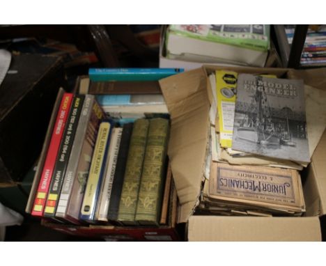 A BOX OF TRANSPORT RELATED BOOKS INCLUDING HAYNES MANUALS AND A BOX OF MODEL ENGINEER MAGAZINES GOING BACK TO EARLY 20TH CENT