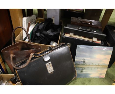 A TRAY OF SUNDRIES TO INCLUDE A ROCKET LAMP, BAGS, AND A QUANTITY OF EASY LISTENING RECORDS (TRAY NOT INCLUDED)