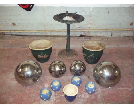 A SELECTION OF CERAMIC PLANTERS/POTS, A CAST BIRD BATH AND FOUR CHROMED STAINLESS STEEL BALLS