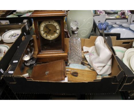 A TRAY OF SUNDRIES TO INCLUDE A MANTEL CLOCK, DECANTER ETC