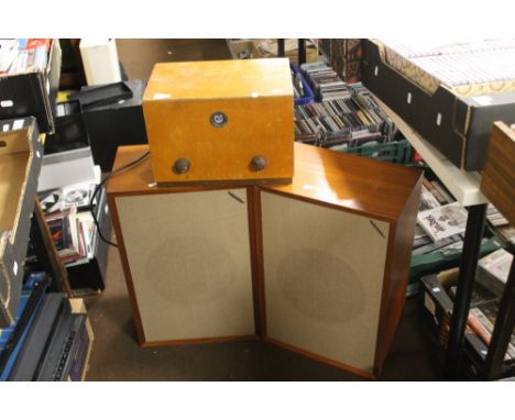 A PAIR OF TANNOY MONITOR GOLD DUAL CONCENTRIC SPEAKERS TOGETHER WITH A VINTAGE VALVE SCHOOL RADIOSpeaker measurements H 58 cm