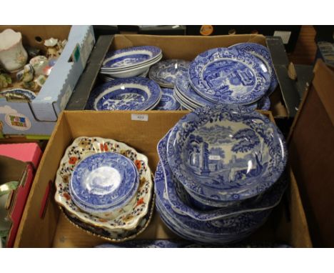 TWO TRAYS OF MAINLY BLUE &amp; WHITE CERAMICS TO INCLUDE SPODE  (TRAYS NOT INCLUDED)