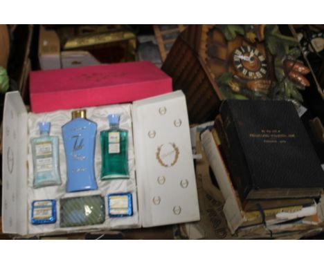 A BOX OF SUNDRIES TO INCLUDE A CUCKOO CLOCK, BOOKS, RECORDS, VINTAGE COTY LAIMONT SET ETC
