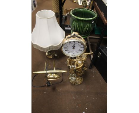 A FLOOR STANDING CLOCK, JARDINIERE AND STAND, BRASS DESK LAMP STANDARD LAMP ETC