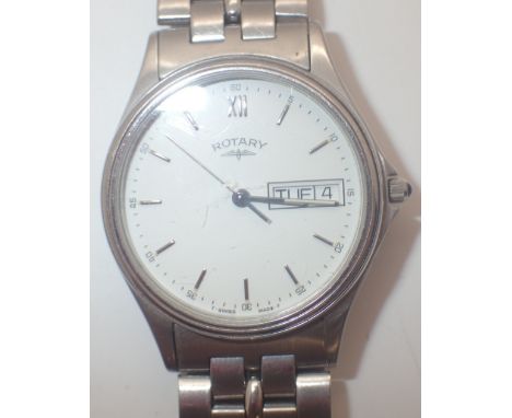 Rotary gents stainless steel wristwatch with day date and matching strap