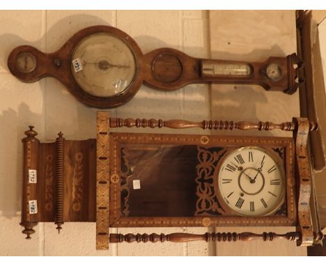 Inlaid walnut chiming clock with key and pendulum H: 89 cm