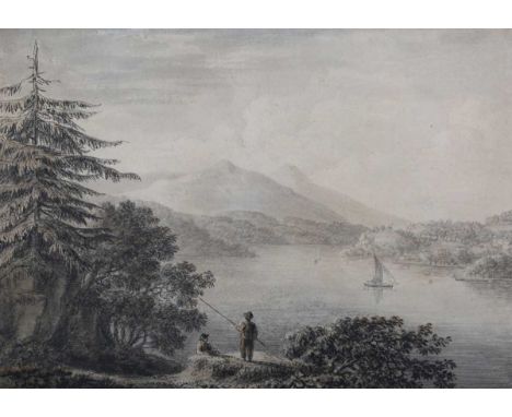 Anthony Devis – Anglers in a Lakeland Landscape, late 18th/early 19th century monochrome watercolour over pencil on laid pape