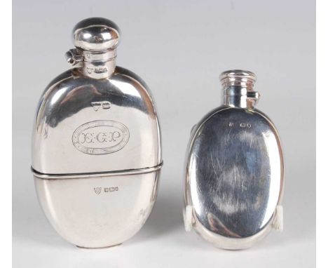An Edwardian silver hip flask of curved oval form with screw hinged lid and detachable cup, the front initial engraved, Sheff