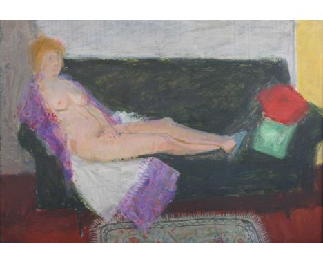 Gerald Hembdon Seymour Rose – Reclining Female Nude on a Green Sofa, 20th century oil on canvas, artist’s name and address ve