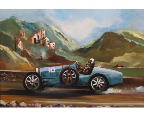 Dion Pears – Bugatti racing in an Italianate Landscape, 20th century oil on canvas-board, signed and dated ’76, 32cm x 44.5cm