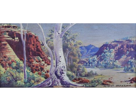 Albert Namatjira – Valley Landscape with Gum Trees, early/mid-20th century gouache on panel, signed recto, gallery label vers