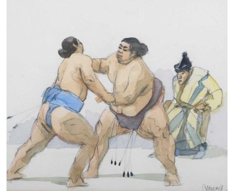 Ken Symonds – ‘Sumo Wrestlers 2’, 20th century watercolour over pencil, signed recto, title and labels verso, 22cm x 26cm, wi