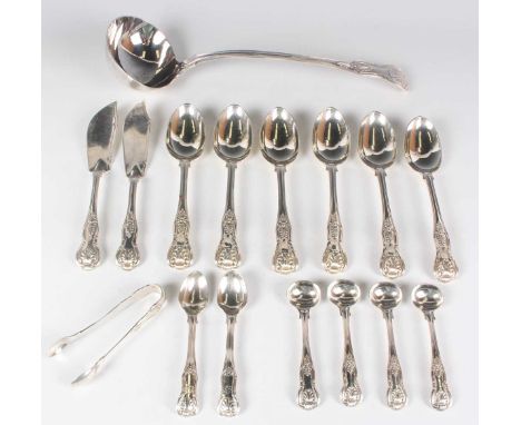 A Victorian silver King's pattern soup ladle and six matching dessert spoons, London 1865 by John Samuel Hunt, and a small gr