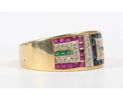 A 9ct gold, diamond, sapphire, ruby and emerald ring in a wide band geometric design, Birmingham 2003, weight 5.7g, ring size