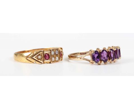 A late Victorian 15ct gold, half-pearl and ruby ring, mounted with two oval cut rubies, otherwise set with six half-pearls, B