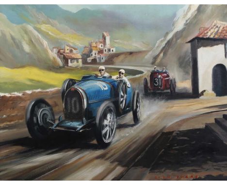 Dion Pears – Bugatti racing an Alfa Romeo, 20th century oil on canvas, signed, 55cm x 70cm, within a gilt frame.