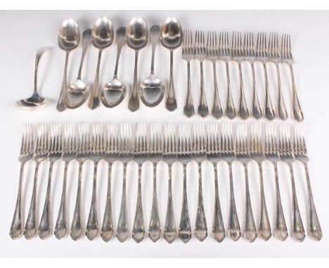A George V part canteen of silver Pembury pattern cutlery, comprising seven tablespoons, twenty-nine table forks, seventeen d