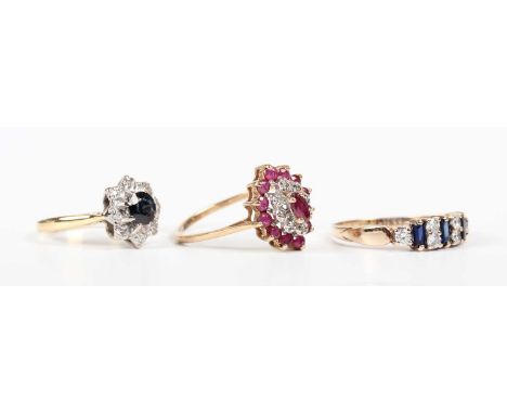 An 18ct gold, sapphire and diamond nine stone cluster ring, Birmingham 1983, weight 3.1g, ring size approx I, a 9ct gold, rub