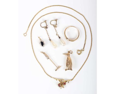 A gold and ruby two stone necklace with floral motifs, indistinct marks, weight 2.9g, length 41cm, a gold, sapphire and diamo