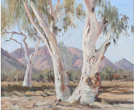 Leonard Hugh Long – Australian Landscape with Ghost Gum Trees and Mountains, mid-20th century oil on canvas laid onto board, 