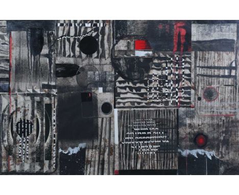 Leonard Charles Renton – ‘Black and White with Red’, 20th century mixed media with charcoal, acrylic and cut paper, signed wi