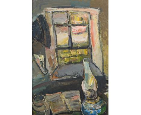 Lilian Strang Neilson – Interior, Lamp and Book, 20th century oil on board, 34.5cm x 23cm, within a painted wood frame. Note: