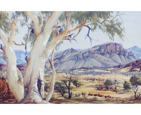 Albert Namatjira – Australian Landscape with Ghost Gum Tree and Mountains, early/mid-20th century watercolour, signed, 35cm x
