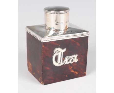A late Victorian silver mounted tortoiseshell tea caddy of rectangular form with silver shoulder and cylindrical cover, the f