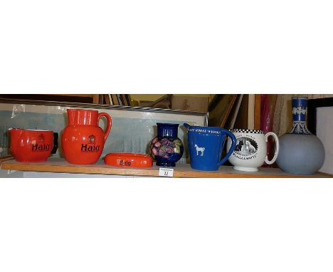 Carltonware Haig whisky water jugs and ashtray, damaged Moorcroft vase and three others
