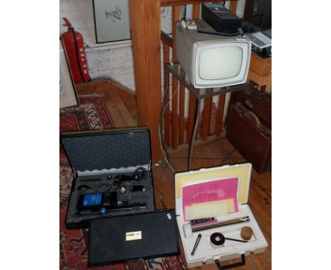 Six various scientific measuring instruments including a Biotest Air Sampler kit, a Planix 5000 area line meter, an oscillosc