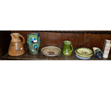 Assorted studio and art pottery items, inc. a Nic Collins stonework pitcher, a Grayshott vase in colourful glaze, and others 