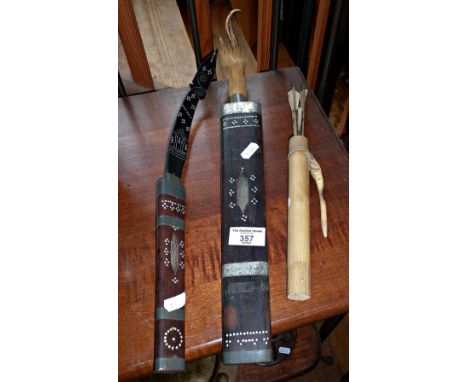 Tribal Art: Arrows in bamboo quiver, knife and inlaid scabbard with taxidermy horn handle, and another similar