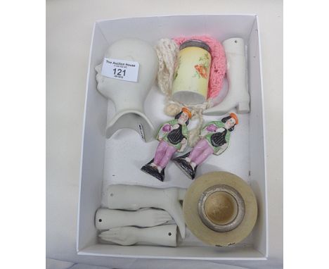 Bisque doll's head and limbs, china figures, etc.