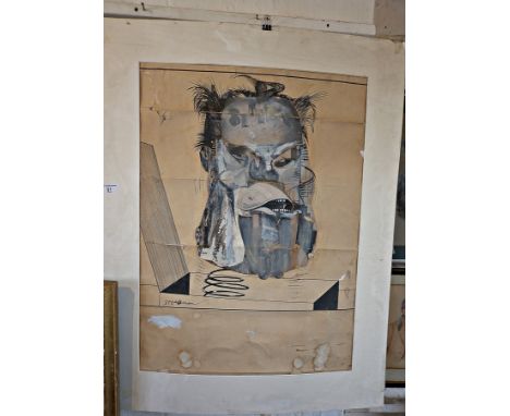 Humorous portrait of Jack Nicholson by Ralph Steadman titled "Jack in the Box", pen and ink wash, 72cm x 53cm (creased and wa