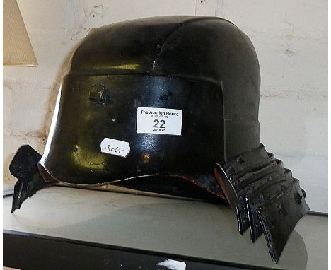 Japanese Samurai-type steel helmet in black lacquer with separate steel neck plates attached by black cloth laces (lining mis