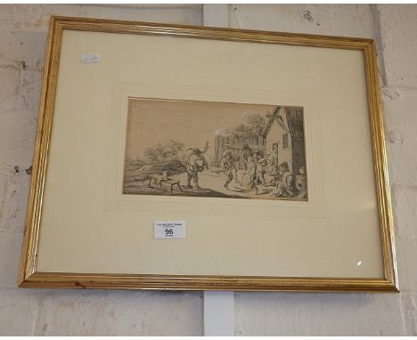 Etching after David Teniers the Younger of peasants dancing and drinking in the evening
