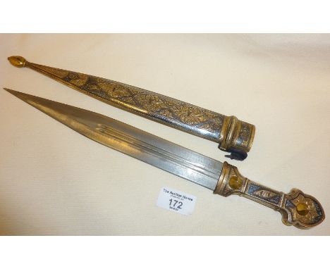 Russian cossack kinjal type dagger and sheath having all over silver niello decoration, overall length 40cm, blade length 27c