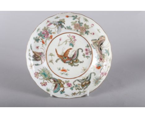 A Chinese porcelain famille verte dish, decorated butterflies and flowers with seal mark to base, 7 1/2" diaCondition:No dama