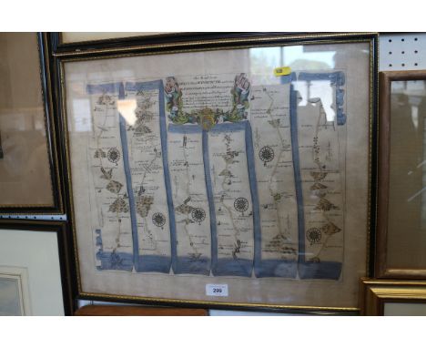 John Ogilby: a 17th century hand-coloured strip map of the road from Bristol to Weymouth, in Hogarth frame