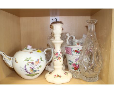 A Herend china teapot, sides painted birds and foliage, 7" high (teapot rim chipped), a decanter and stopper, a Whieldon ware