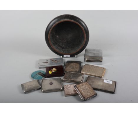 An engine turned silver cigarette case and various other assorted cigarette cases, in a cloisonne bowl 
