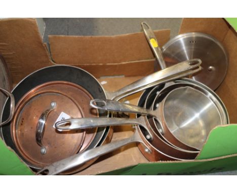 A set of six Sainsbury's coppered pans, four lids, kitchen scales with weights, an enamel bread bin and a collection of pastr