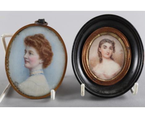 Isabelle Charlotte Pierce, 1907: an oval portrait miniature, "Rose", in gilt metal frame, and another portrait miniature of a
