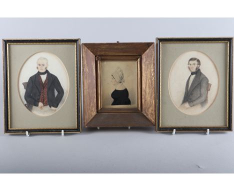 A pair of 19th century watercolour portrait miniatures of seated gentlemen, 6" x 4 1/2", in Hogarth frames, and another portr