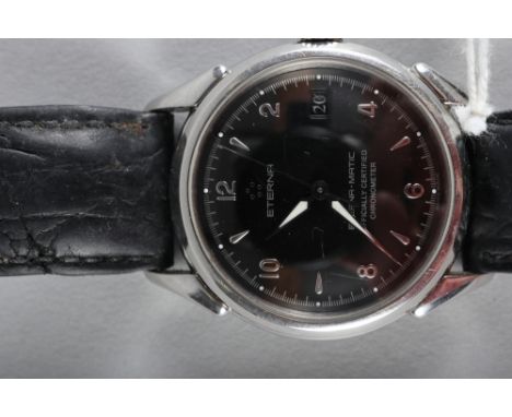 A gentleman's stainless steel cased Eternamatic wristwatch with automatic movement and black dial with Arabic and baton numer