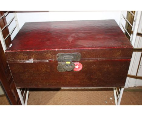 A leather trunk, fitted brass lock, and a metal bound wooden trunk, stencilled Hunnings, 37" wide